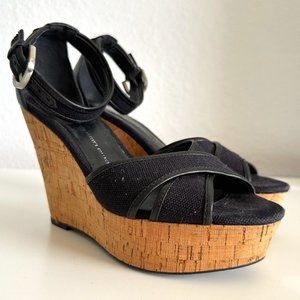 Franco Sarto Black Wedges, corcho sole, size 7